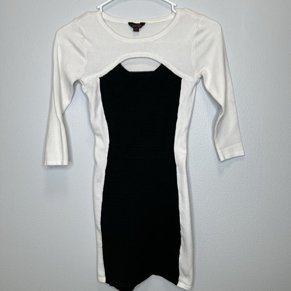 G By Guess Women's White & Black 3/4 Length Sleeve Fitted Sweater Dress Size XS
